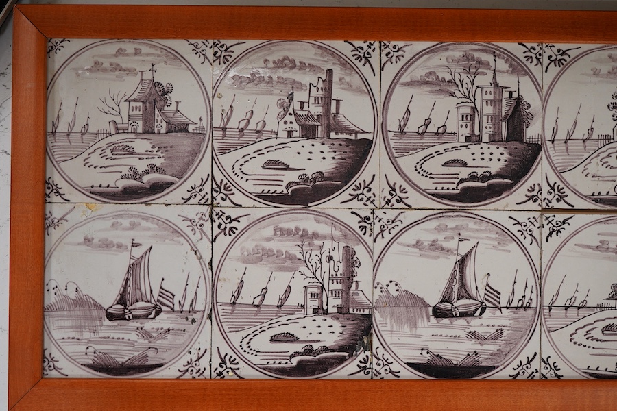 A set of ten framed delft tiles, 18th/19th century, overall 30 x 68cm